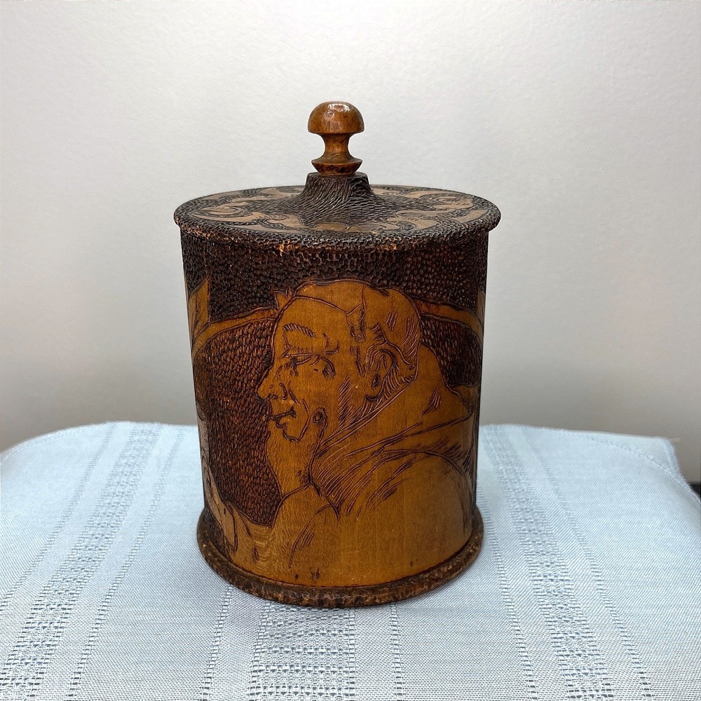 Hand Carved Wood Portrait Canister Jar with Lid Rustic Humidor
